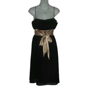 Jones Wear Dress Black LBD Silk Chiffon Beige Satin Sash Prom Party Cocktail 6
